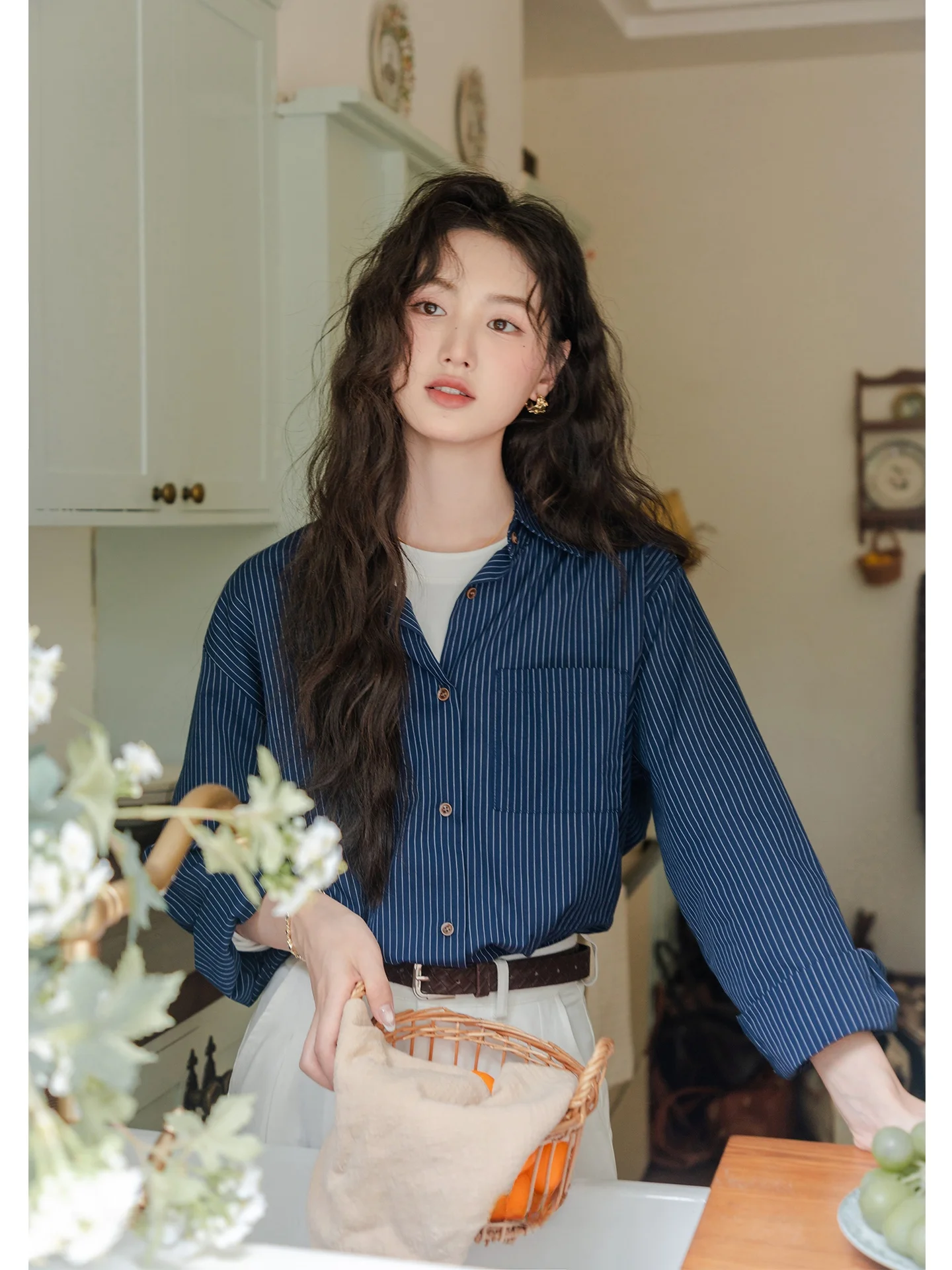 

Loose Fit Striped Long Sve irt Women's Early Autumn Top Commute Sle Pure Cotton Blue een Color Casual irt