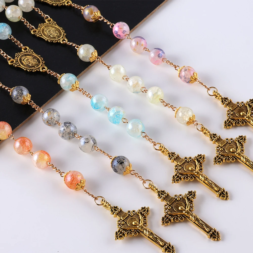 2025 New Casual Multi-Color Catholic 10mm 59 Crystal Beads Cross Pendant Necklace, Glass Crack Beads...