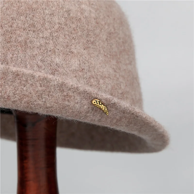 Wollrollrand-Bucket-Hut für Damen, weiche, warme Filz-Cloche-Kappe, einfarbig, Herbst-Winter, lässiger Fischerhut, Alltagskopfbedeckung – Detail 2