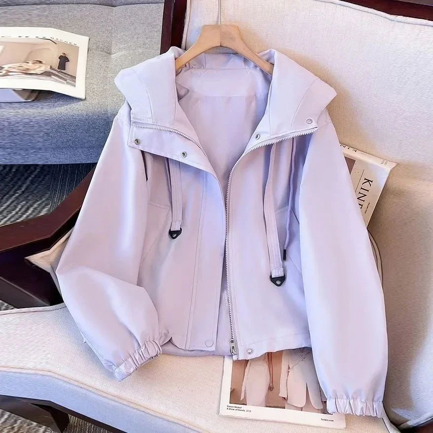 الأرجواني سترة معطف 2025 جديد قصير عادية المرأة مقنعين خندق معطف ربيع الخريف المرأة فضفاضة سترة واقية المرأة سترة علوية #1