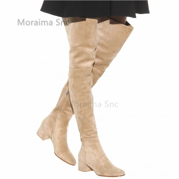 

Over The Knee Suede Boots for Women Fashion Round Toe Med Heeled Slip On Zip Long Boots Black Grey Brown Khaki Womne's Boots