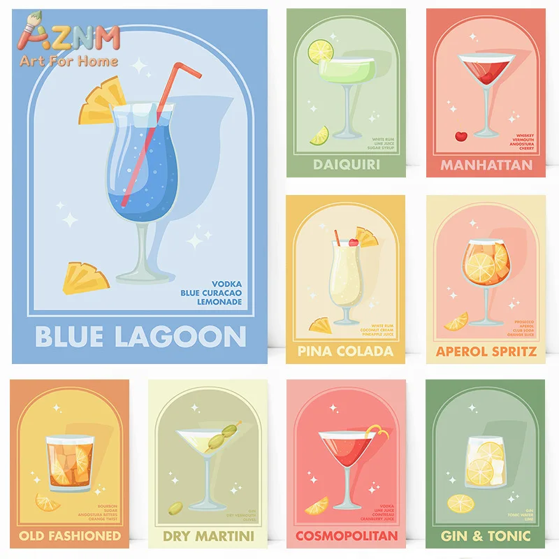 AZNM Pastel Color Cocktail Canvas Wall Art Retro Arch Drink Poster Minimalist Bar Kitchen Wall Decor Unframed