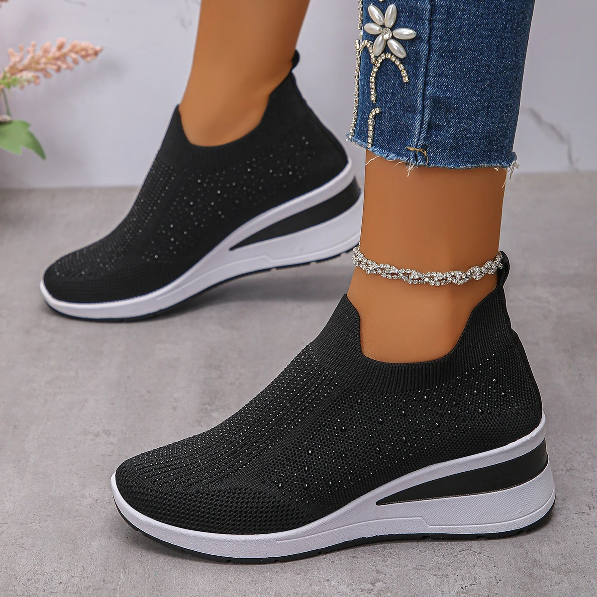 الخريف النساء حجر الراين أحذية رياضية موضة تنفس شبكة الانزلاق على أحذية رياضية مسطحة في الهواء الطلق أسافين عادية أحذية فلكنيز النساء #3