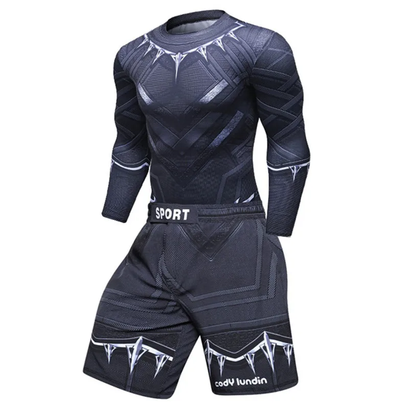 Compressie Shirt Zwart Panther Spider Fitness Winter Soldaat Gym Workout Mma Rashguard Bjj Mannen Jiu Jitsu Running Jogging Set