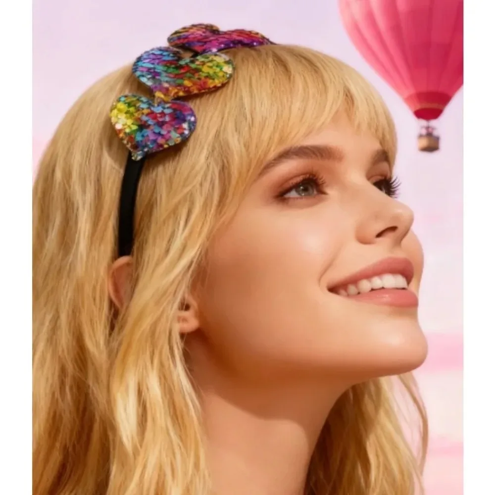 PESENAR Valentine's Day rainbow sequin heart-shaped headband: blending brilliance with playful charm