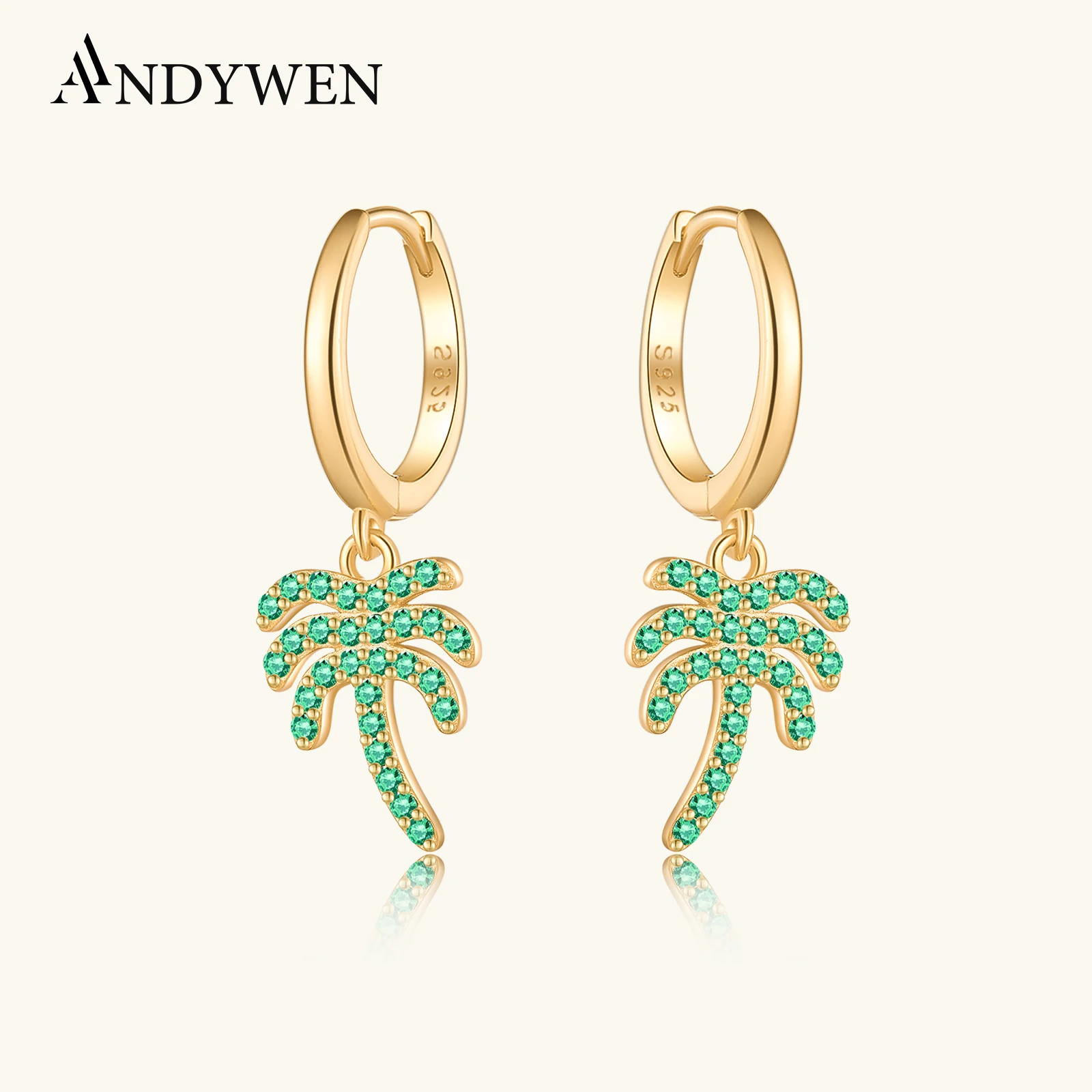 

ANDYWEN стерлингового серебра 925 пробы 8,5 мм зеленый циркон кокосовая пальма Pendiente серьги-капли для пирсинга 2025 модные изящные ювелирные изделия в подарок