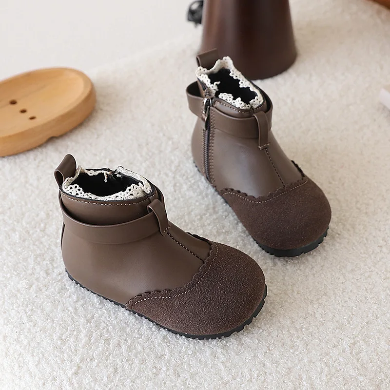 

2025 Autumn Princess Leather Girls' Boots Fashion Lace Soft Bottom Children's Ankle Short Boots Anti-slip Baby Footwear for 1-6T
