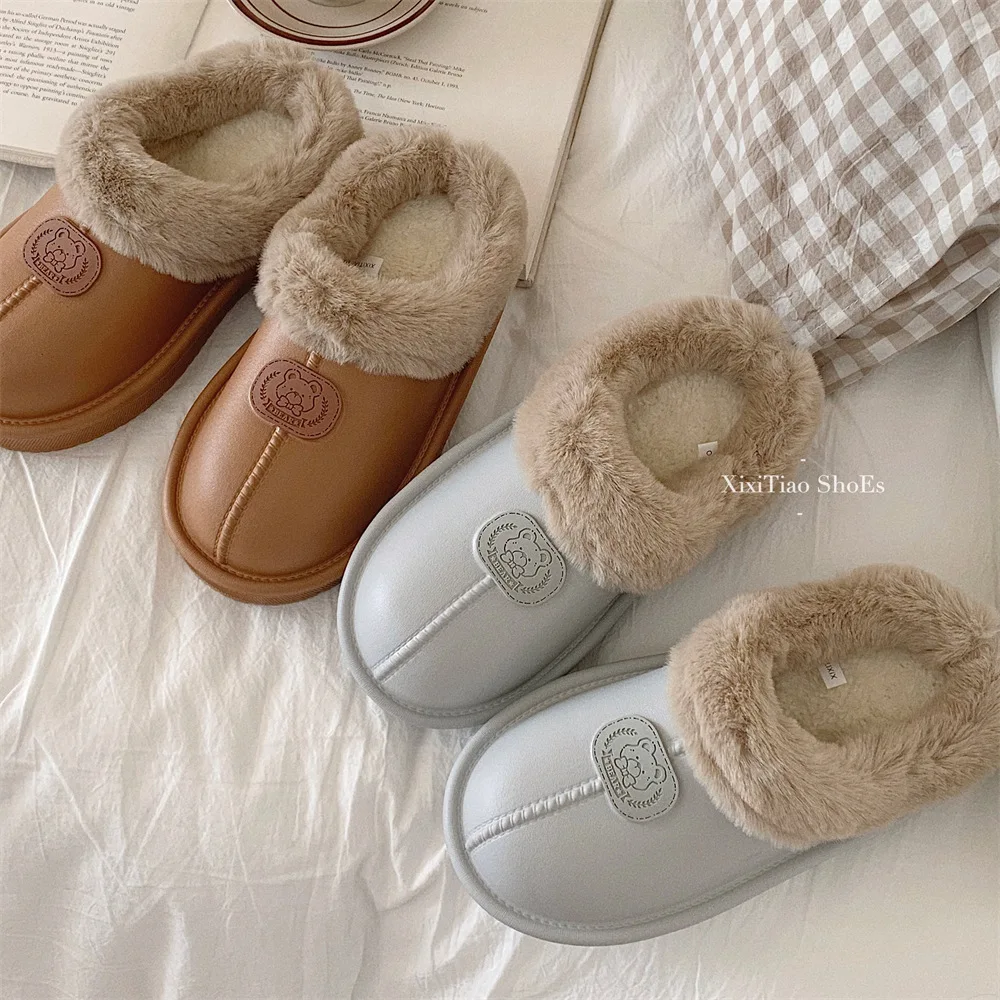 

Fashion indoor outdoor wear fleece warm comfortable cotton slippers plush soft sole simple waterproof home shoes women's winter