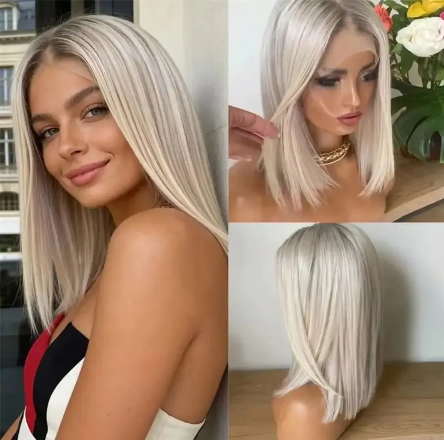 Blonde Bob Wig Dirty Ashy Highlights Short Straight High Heat Fibre Synthetic Lace Front Wigs Dark Roots Cosplay Wig for Women