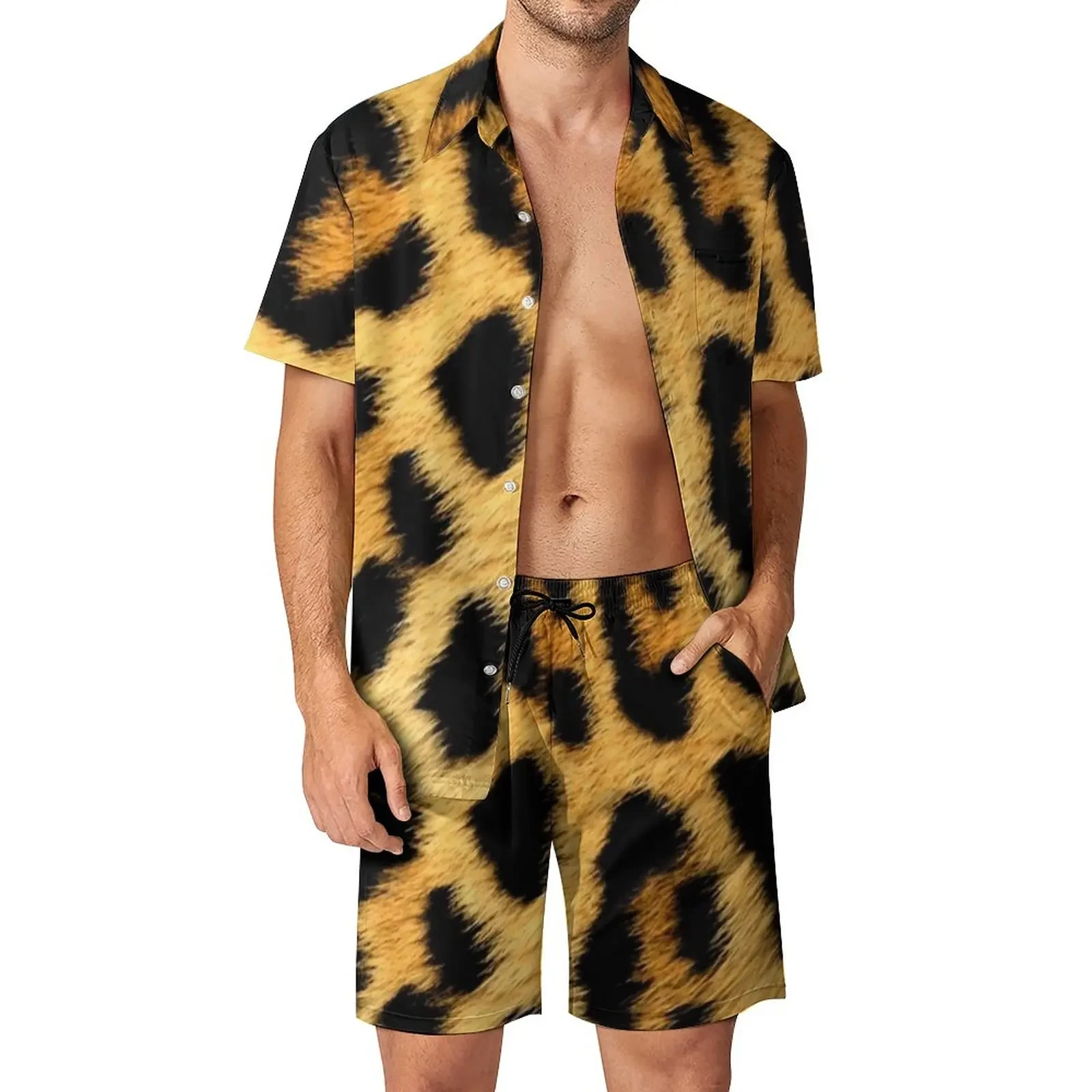 Conjunto de camisa 3D con estampado de leopardo para hombre, ropa informal de manga corta, pantalones cortos de playa de gran tamaño, ropa de calle