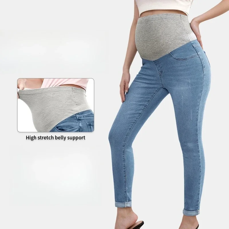 Autumn Winter Maternity Jeans Full Belly Support Washed Cuffed Hem Stretch Pregnancy Women Pants