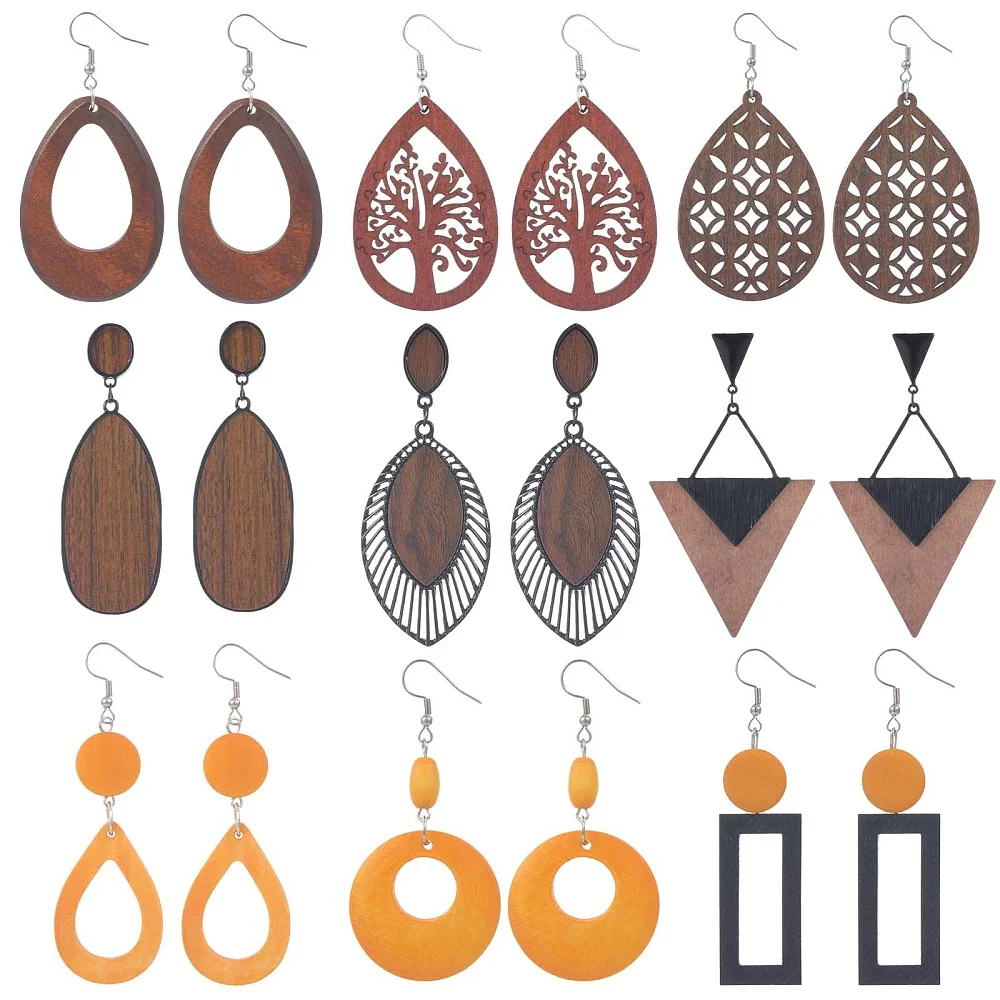 1 Box 9 Pairs Wood Earrings Wooden Dangle Earrings African Ethnic Lightweight Wood Teardrop Charms Earring Tree of Life Large