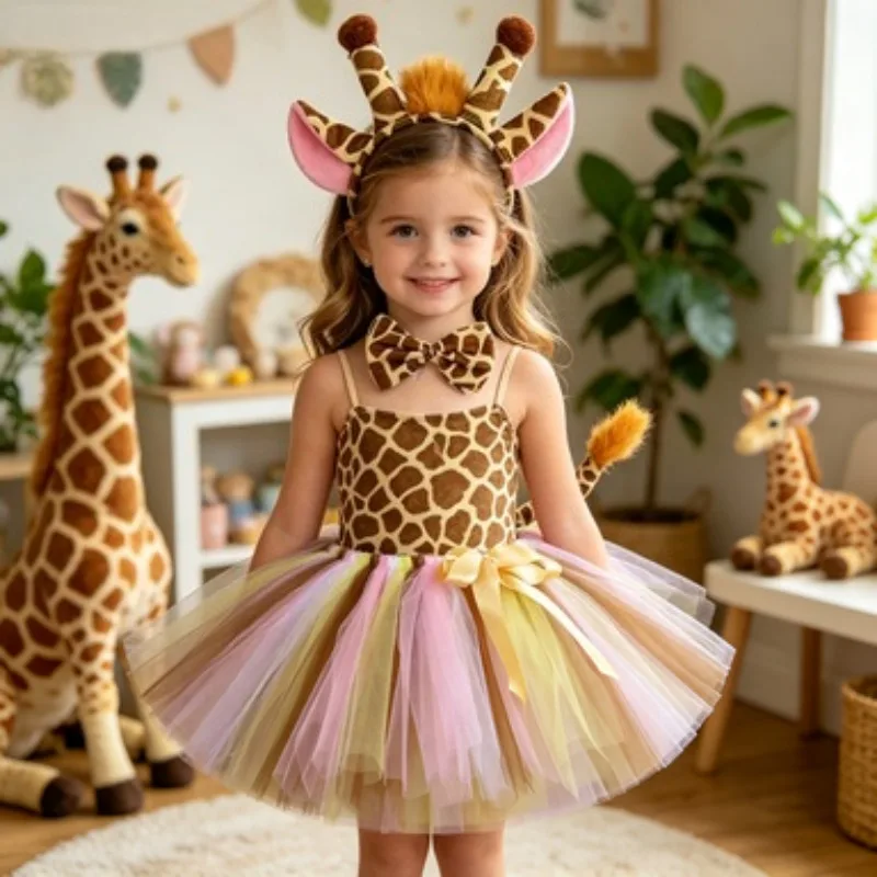 Jupe tutu girafe pour filles, tenue de cosplay animal du zoo, jupe en tulle moelleuse, fête jungle, anniversaire, costume d'Halloween
