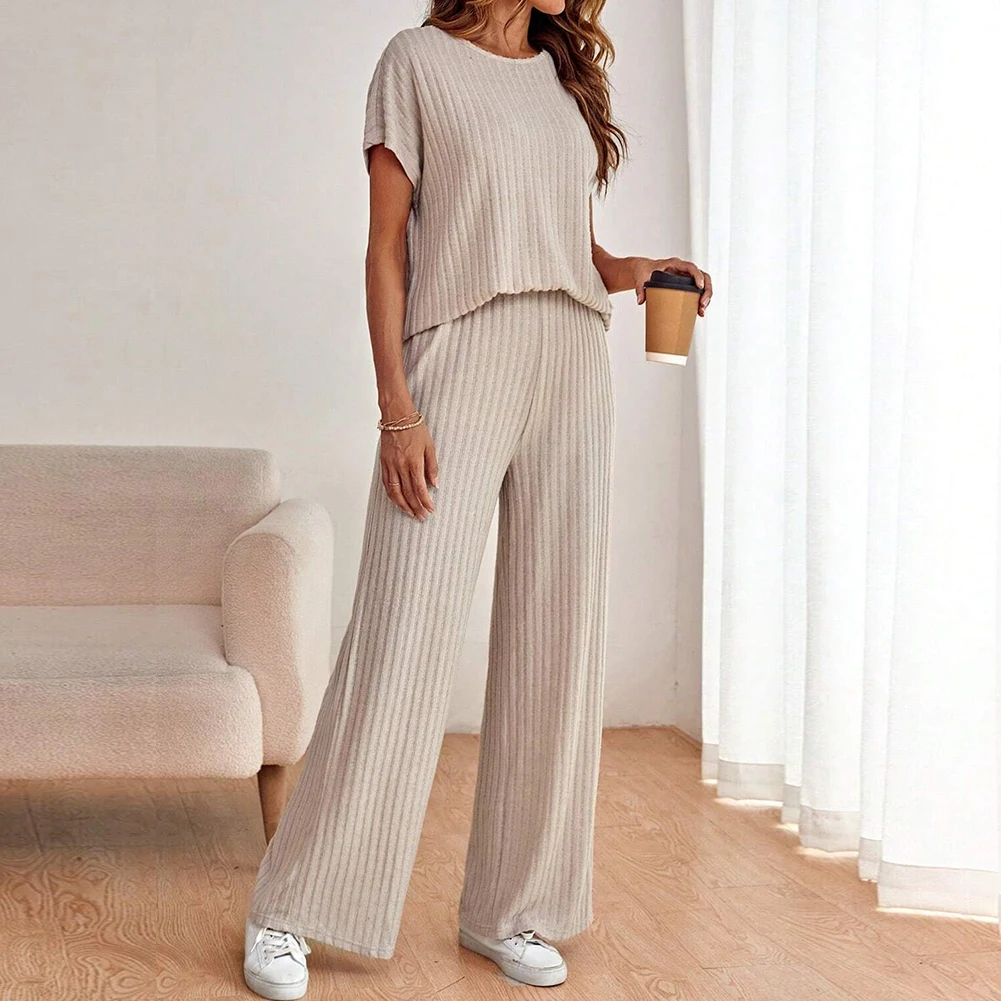 2024MNEW Women Knitted Top & Wide Leg Pants O-Neck Simple Knitted Top Trouser Suit Pullover Solid Color Ladies Casual Outfits