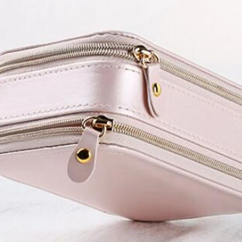 

PU Jewelry Box for Women Girls Compact Dual-Zipper Organizer with Built-in Mirror Storage for Rings Earrings Necklaces
