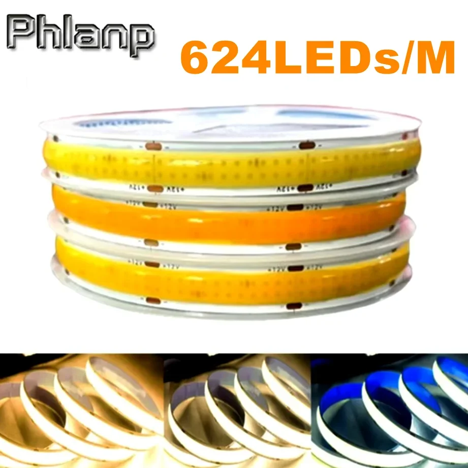 

COB LED Lights Strip DC12V/24V High Brightness Flexible FOB LED Tape Double Row 624LEDs/M RA90 Strip Dimmable 3000K 4000K 6000K