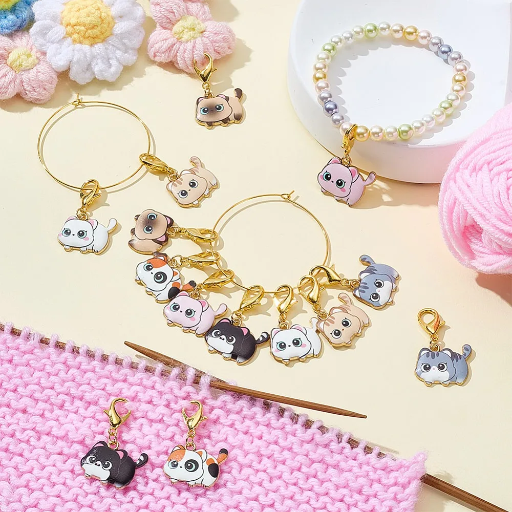 14Pcs 7 Styles Cat Alloy Enamel Pendant Locking Stitch Markers with Alloy Lobster Claw Clasps Mixed Color 3.5cm 2pcs/style view 4