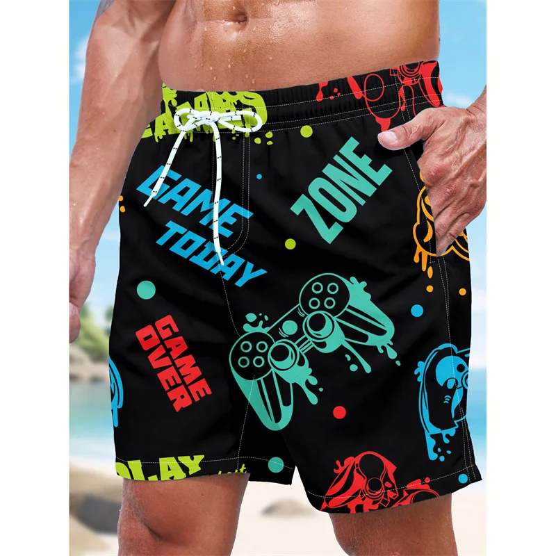 

Мужские пляжные шорты 2026 с 3D-принтом геймпада, мультяшным рисунком, для плавания, летние гавайские шорты для серфинга с завязками