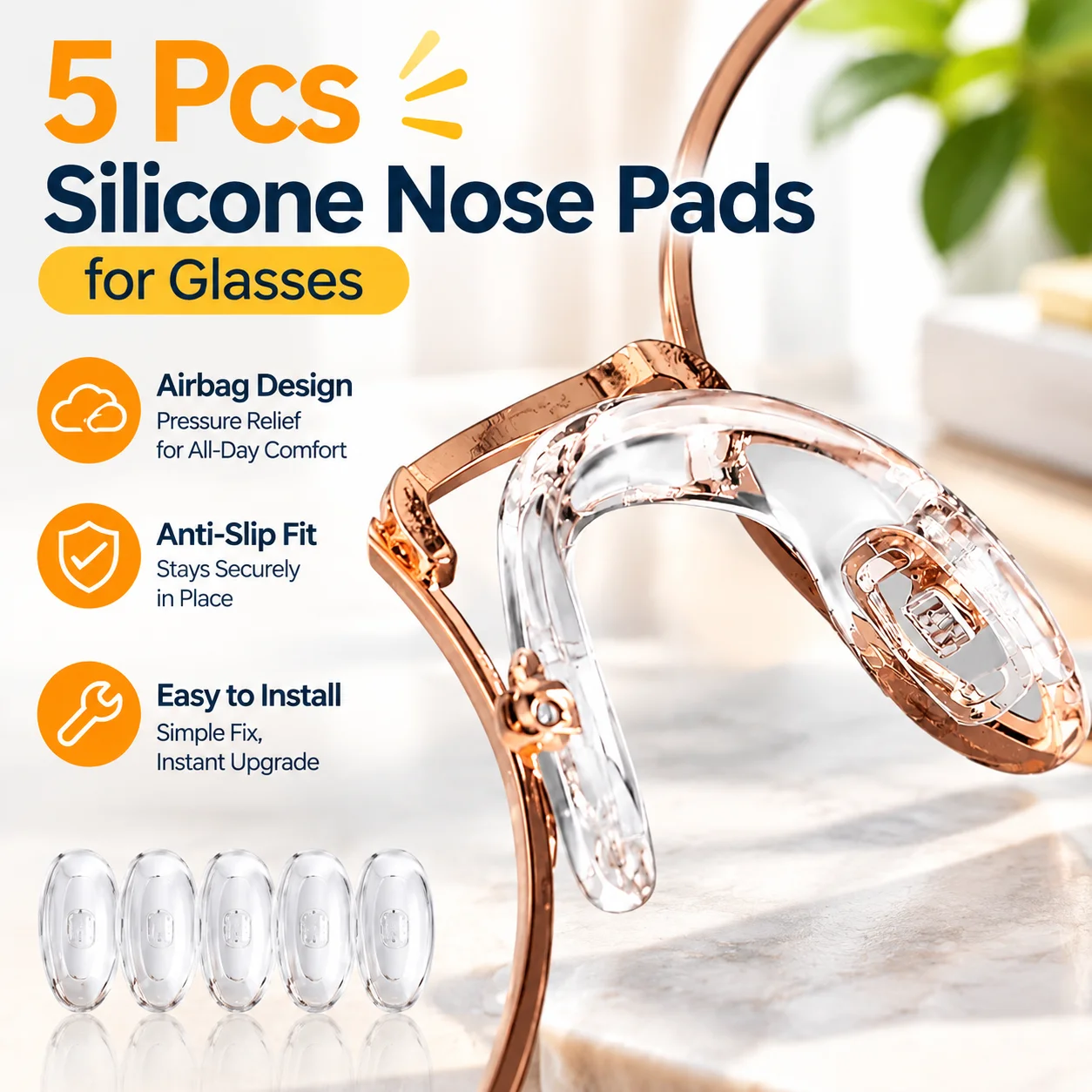 5 Pcs Silicone Nose Pads for Glasses Airbag Design Pressure Relief Anti-Slip Easy Fix Set