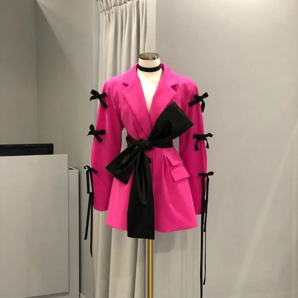 Real Image Fuchsia Women Blazer Coats With Cute Bow Details Women Outerwear  Outerfit Blazers Femme Blazer Mujer