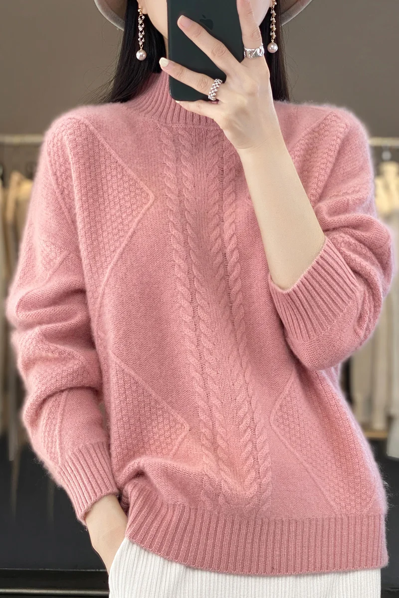 Fall/Winter new 100% Merino wool cashmere sweater Women's semi-turtleneck pullover Seven-pin warm bottom knit shirt top