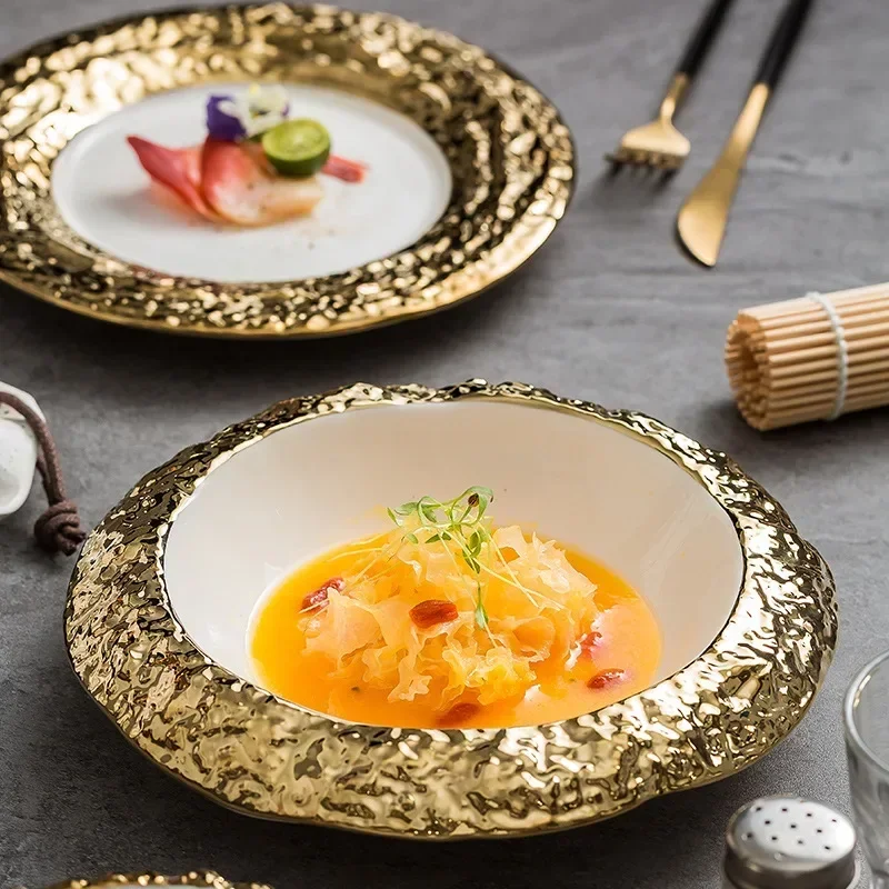 Wide Gold Edged Stone Patterned Ceramic Western Dish Plate, Soup Bowl, Sushi, Dessert Plate, Featured Hotel Circular Dish