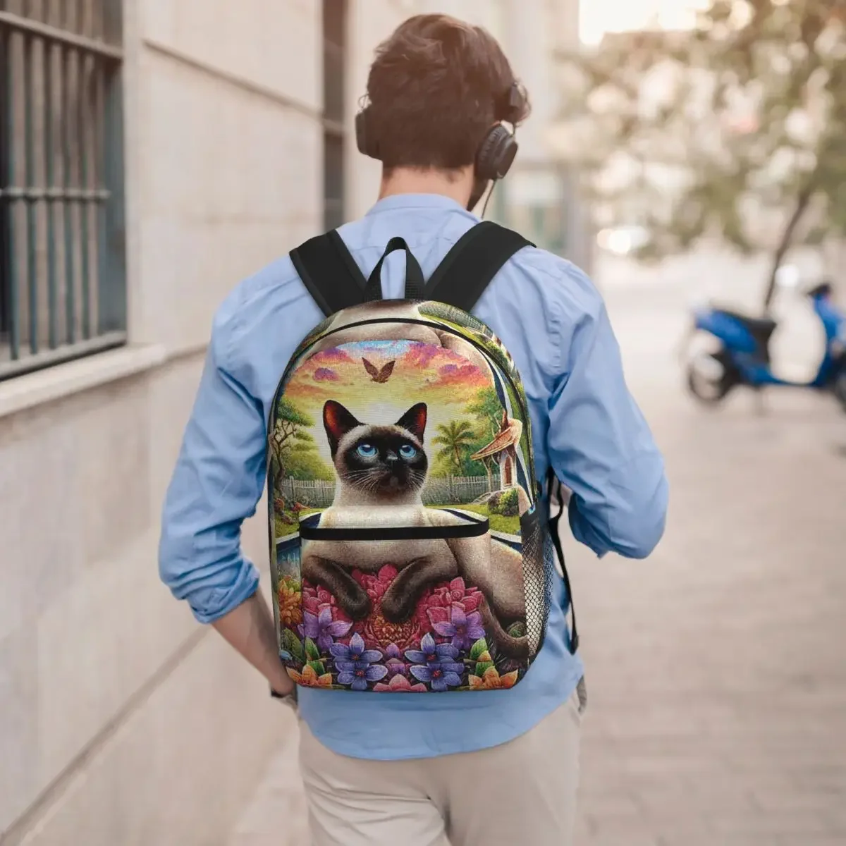 Siamese Cat In Beautiful Floral Student Backpack School Bag Hiking Travel Daypack for Boys Girls Bookbag Shoulder Bags