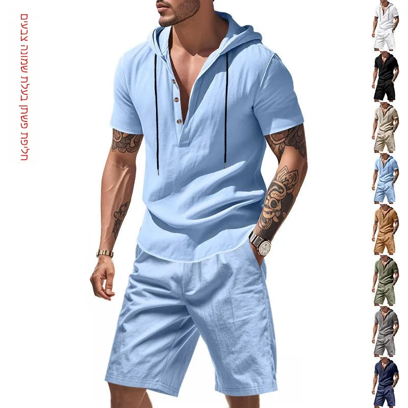 

New Summer American Style Men's Linen Shorts Hat Casual Short Sleeve Shirt Set Beach Relaxing Comfortable Clothing Ensemble