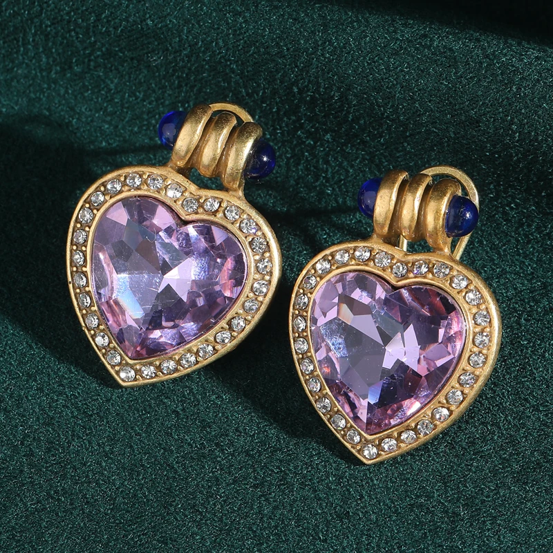 

Vintage Violet Love Crystal Heart Earrings Antique Gold Color Rhinestone High Quality Designer Luxury Brand Jewelry 2025 Trendy