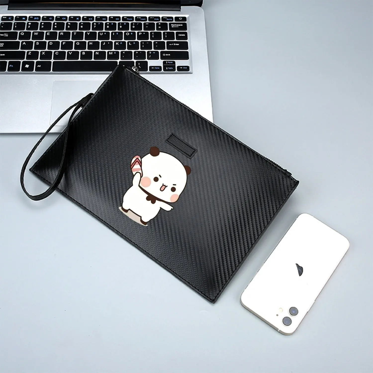 Lindo panda caramelo piruleta punto de mano elegante impreso PU bolso de hombre de moda y práctico para el transporte diario