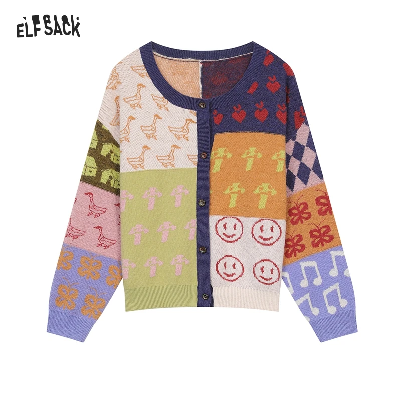 ELFSACK 2024 Autumn New Arrivals Interesting color matching jacquard sweater cardigan for women