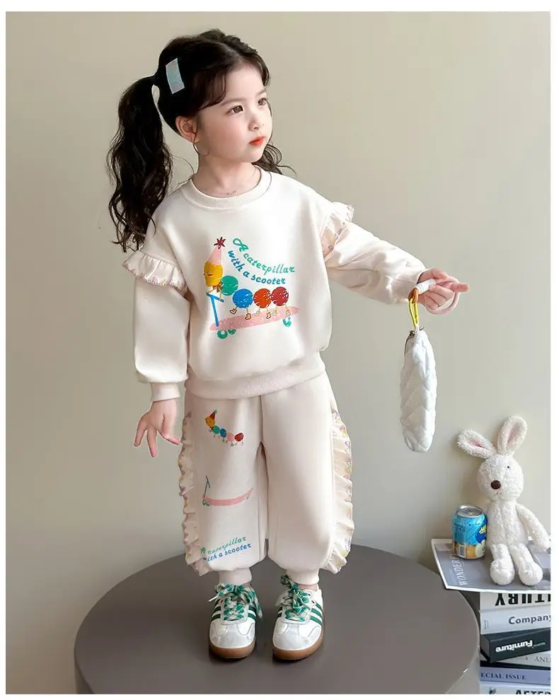 1-8 Jahre Kinder Mädchen Beige Hosen-Sets Cartoon-Muster Langarm Lose Geraffte Pullover-Hoodies + Elastische Taille Weite Hosen 2-teilige Sets – Detail 10
