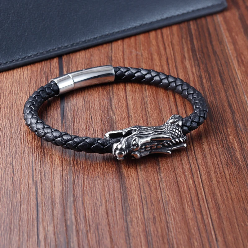 Men Jewelry 21CM Retro Chinese Symbol Dragon Pattern Genuine Leather Bracelet with Magnet Clasp for Birthday Party Gift