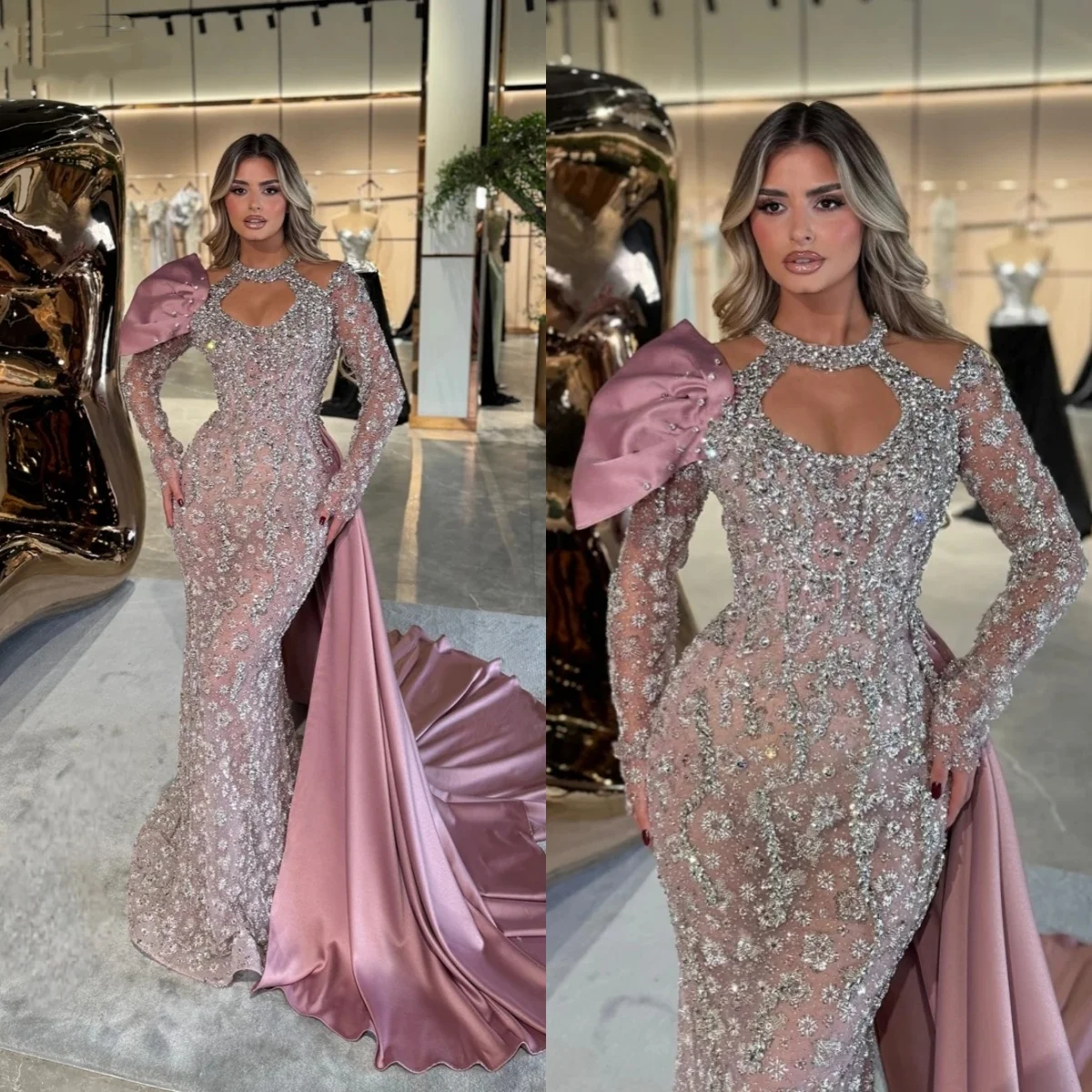 

Glamorous Halter Evening Dresses Crystal Beading Prom Dress Overskirts Long Sleeves Mermaid Party Gowns Vestidos De Noche