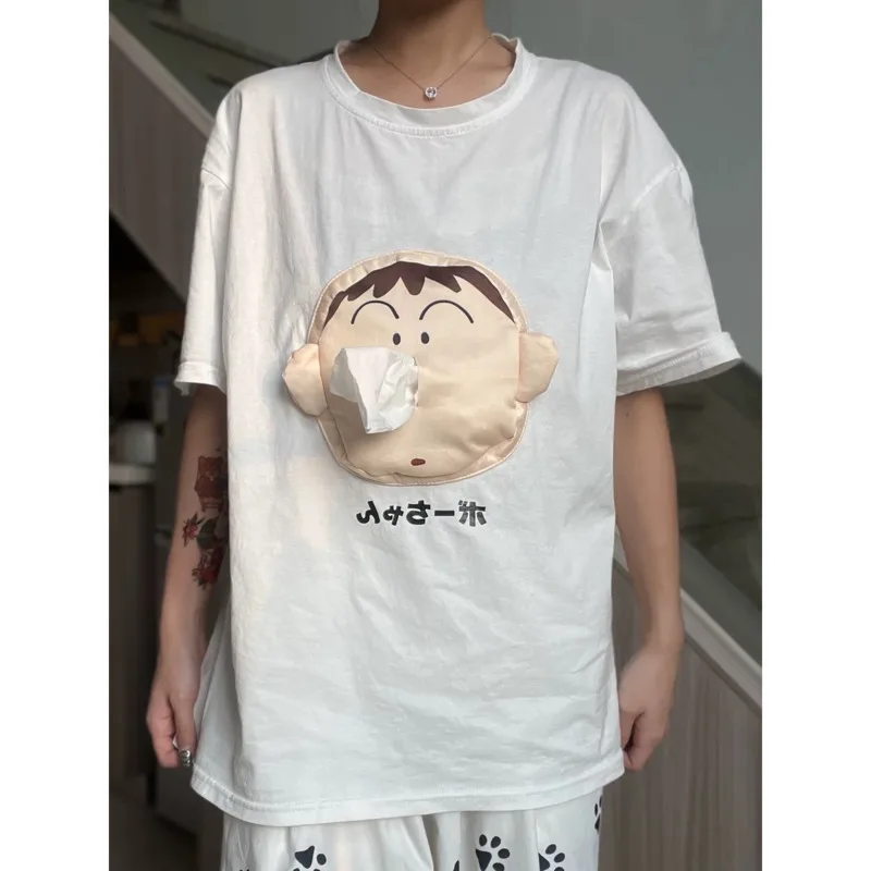 3D Cute Cartoon White T-Shirt Unisex Paper Carry Versatile Couple Tees O-neck Oversized Casual Top Plus Size Odzież damska Prezent