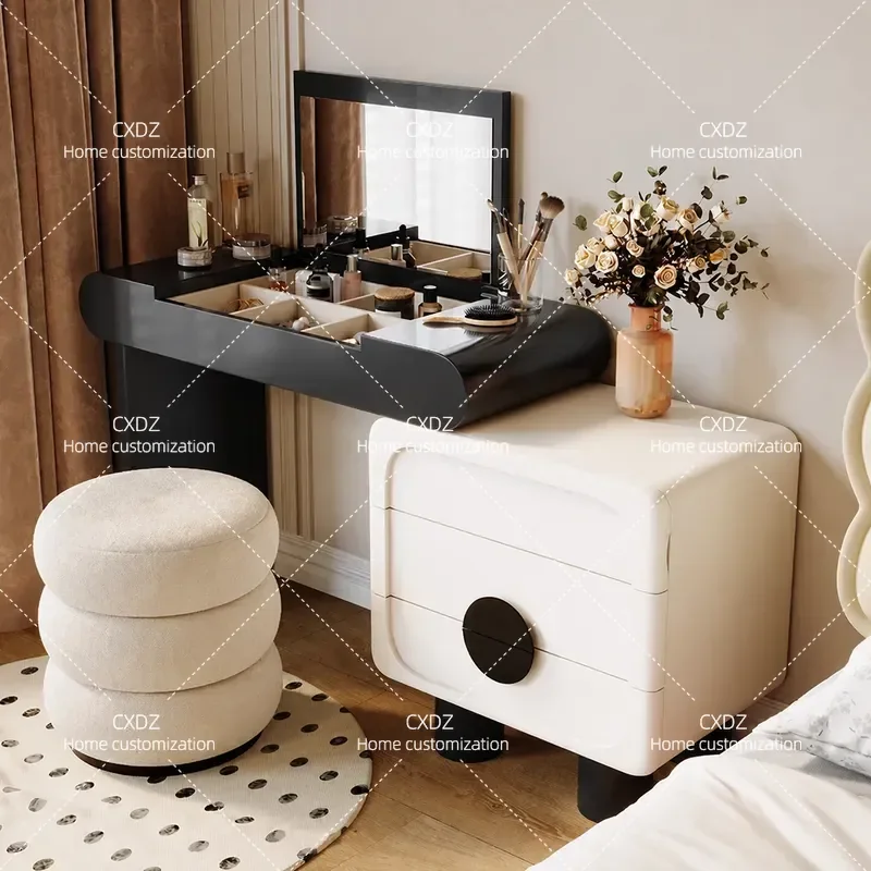 Solid Wood Dresser with Flip Cover Makeup Mirror Retractable Vanity Table Cream Style Chest of Drawers for Small Apartment
