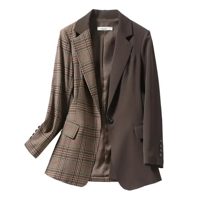 Blazers a cuadros para mujer, abrigos elegantes, ropa con estilo, traje de negocios Vintage, chaquetas de moda para mujer, otoño e invierno, 2023