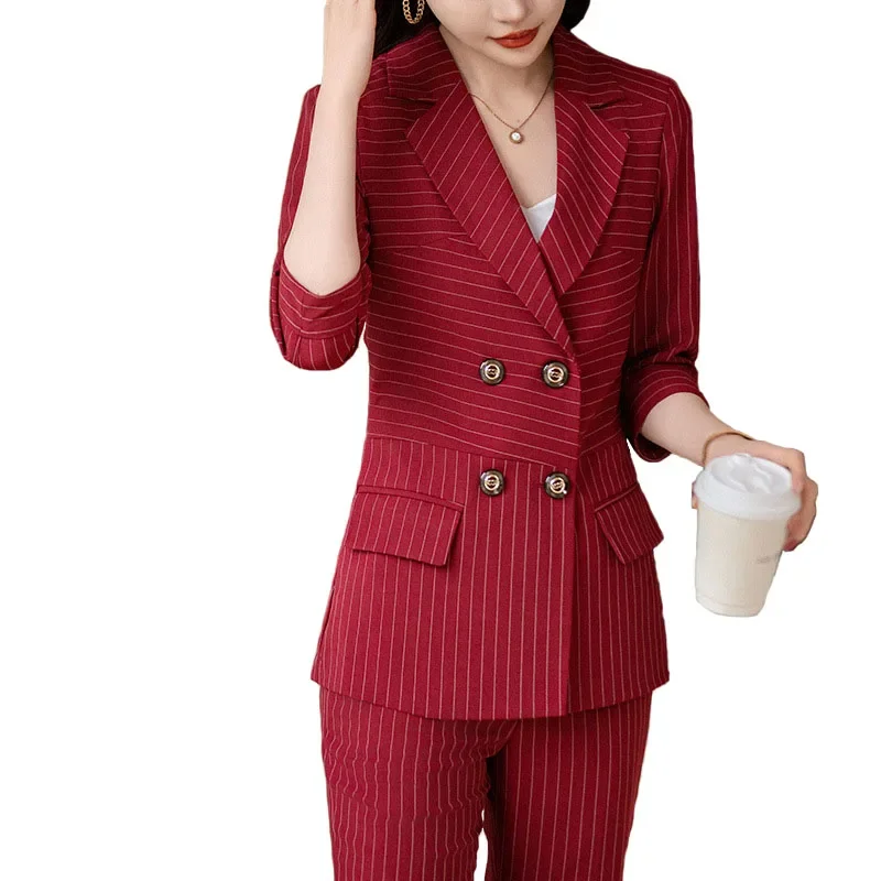 

Pop Fashion Striped Formal Uniform Designs Pantsuits Spring Summer Women Business Work Wear Ladies OL Styles Professional Blazer