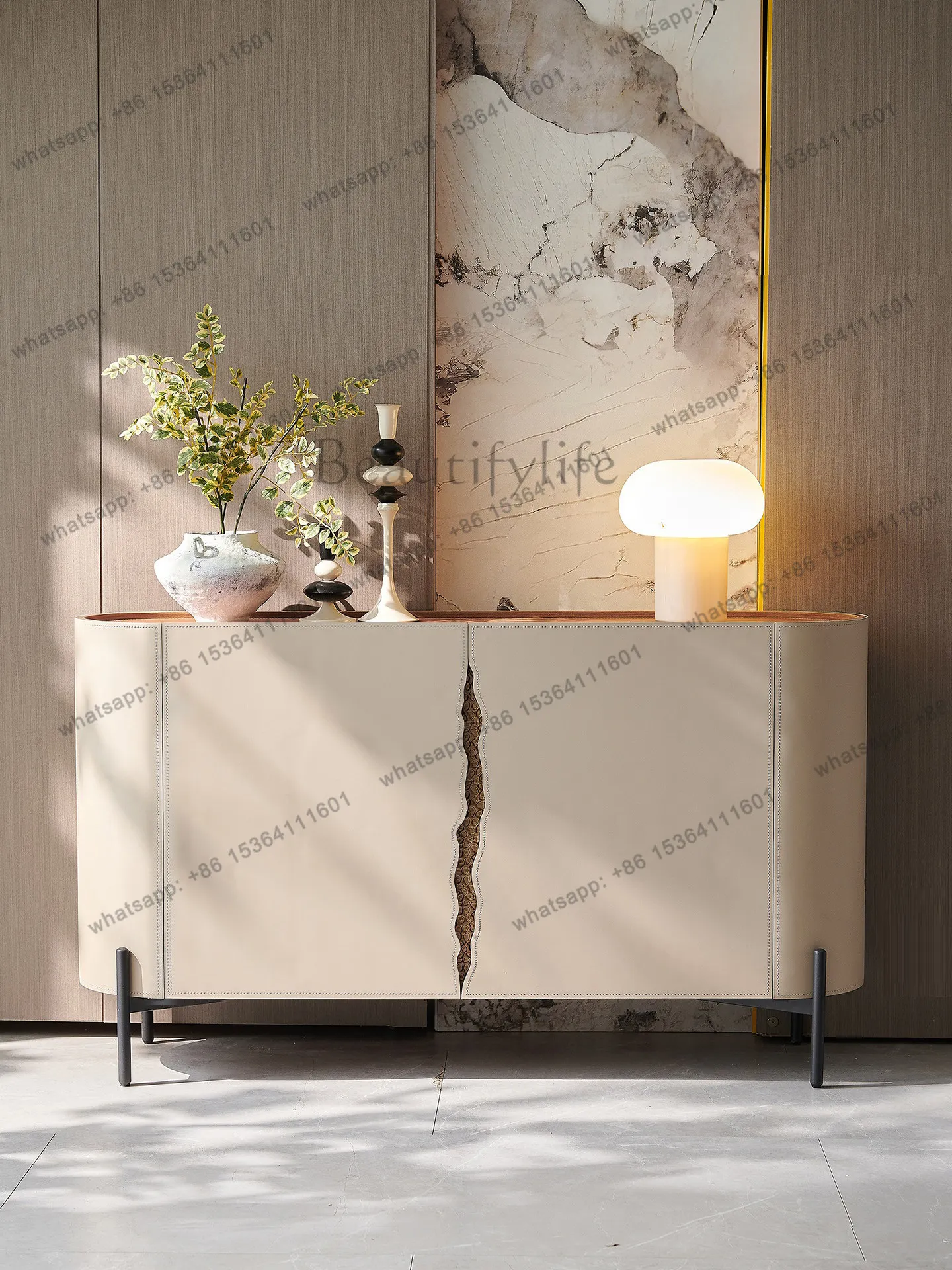 

Italian light luxury saddle leather dining side cabinet integrated against the wall household storage side cabinet