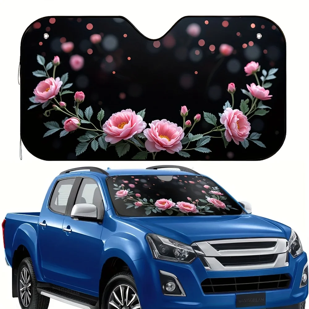 1pc Valentine'S Day Floral Heart Car Sun Visor - Cooling Gel, Reduces Interior Heat, Pink Roses & Black Background Design, Perfe
