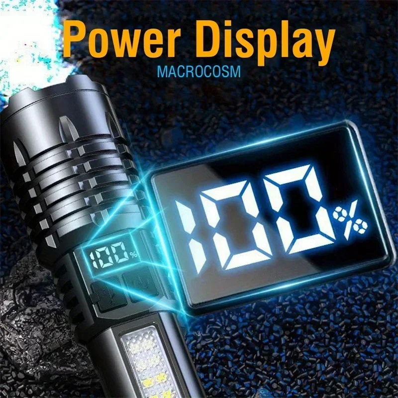 Portable Rechargeable High Power LED Flashlights With Display Screen Zoom Tactical Torch Lamp with Emergency Side Lights Lantern