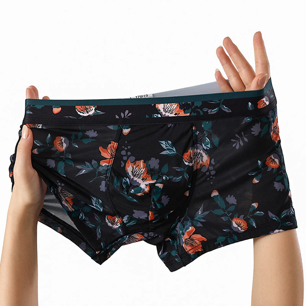 

Mens Flowers Printed BoxerBriefs Ice Silk Low Waist Underwear Trunks Bulge Pouch Boxer Briefs Soft Comfort Underpants Hombre