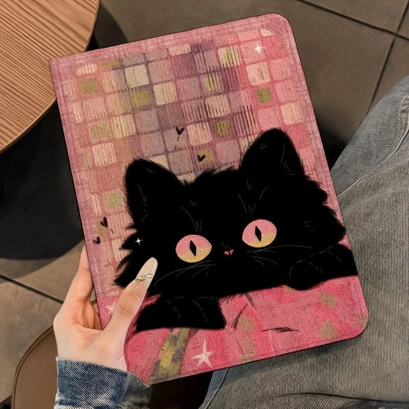 Cute Pink Grid Black Cat IPad Flip Case for IPad Air7 8/9th 10.2in 10th 10.9 Air4/5/6 11in Full Wrap Shockproof Protective Cover
