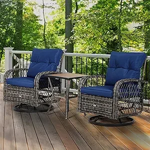 Outdoor Garden Chairs 3-Piece, Swivel Glider Rocker Wicker for Backyard and Balcony, 76.28 Pounds Conversation Garden Chair