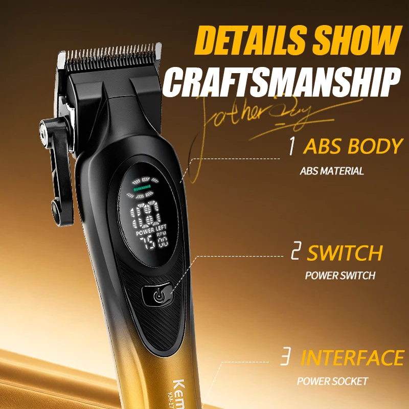 Kemei KM-1734 Hair Trimmer for Men DLC Blade T-Blade 7500RPM Full Metal LCD Display Low Noise Professional Finishing Machine