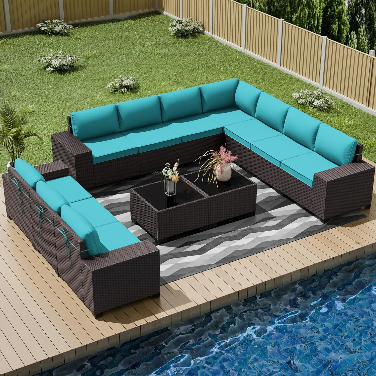 12 PCS Outdoor Rattan Patio Furniture Set All Weather Wicker Sectional Sofa with 2 Tables & 10 Cushions, Customized