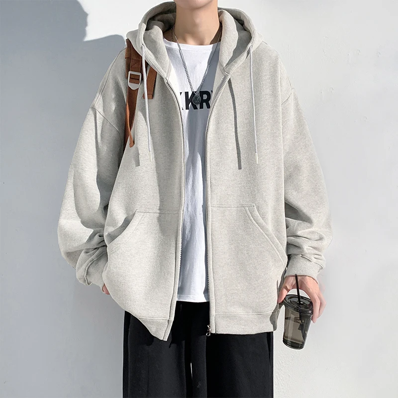 Spring Fall Men's Zipper Hoodie Street Fashion Casual Jacket Men's Solid Color Baggy All-in-one Sweatshirt Simple Hooded Coat