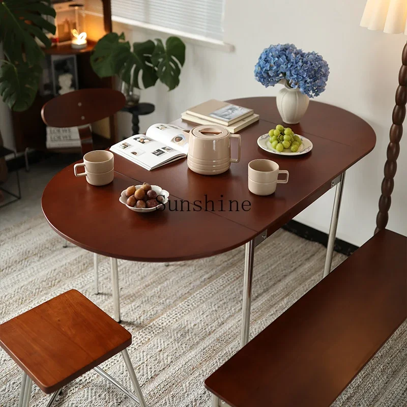 Solid wood foldable dining table household Japanese chair combination medium antique small apartment retractable and simple