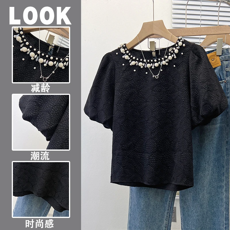 2024 New Summer Short Sleeve Peals Beading Shirt Women Korean Style O-Neck Casual Loose Blouse Tops Black White Blusas De Mujer