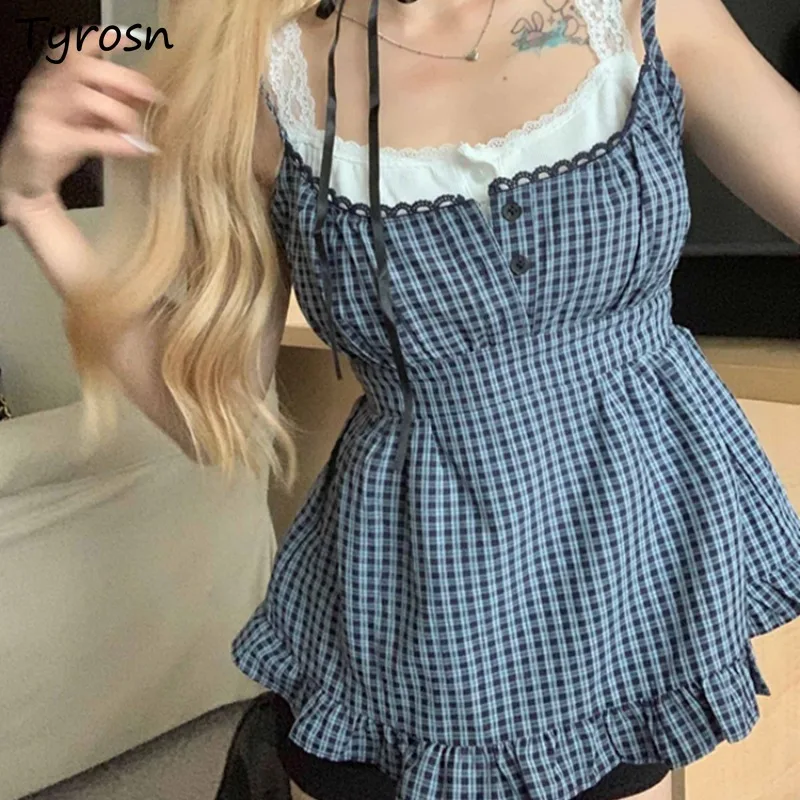 Camisole Women Lace Patchwork Fake Two Pieces Summer Sweet Plaid Slim Designed Korean Fashion Youthful Sexy Y2k Tops Mujer Ins